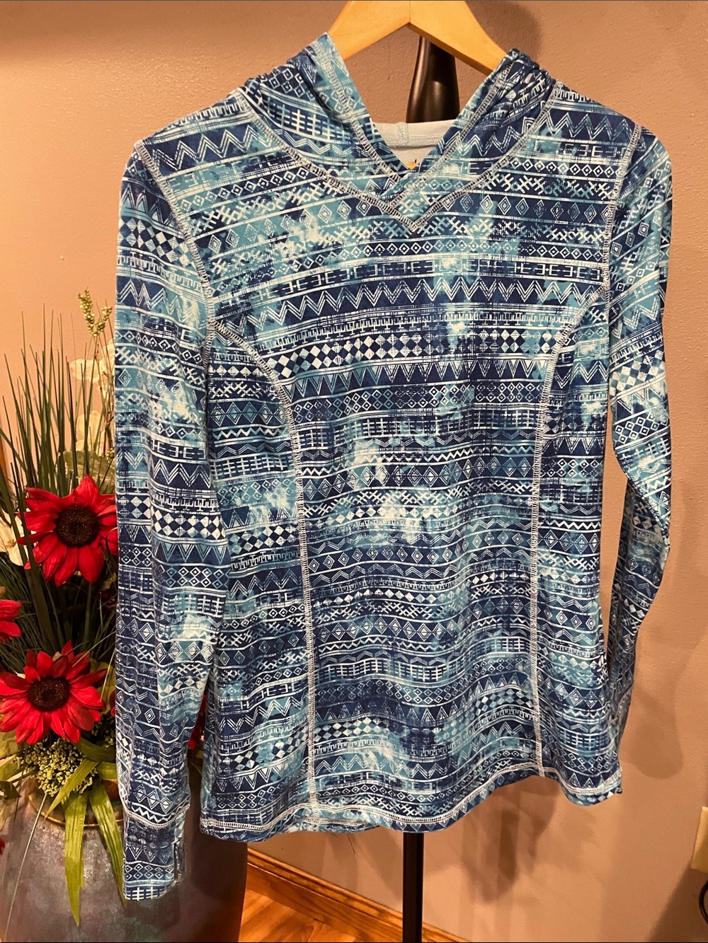 exertek Blue Patterned Hooded Long-Sleeve Top